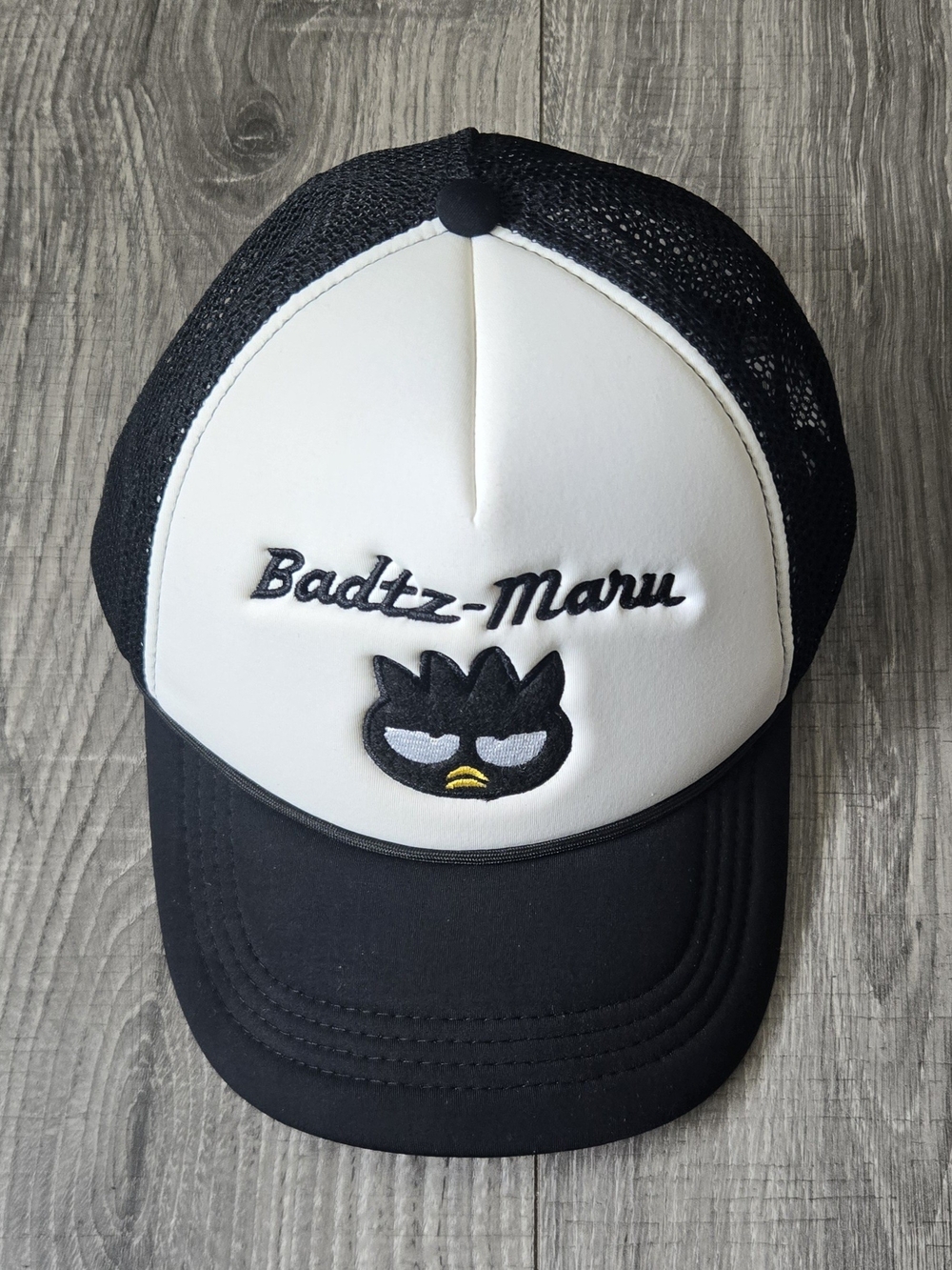 Sanrio Badtz-Maru Black White Mesh Trucker Snapback Hat 2024.